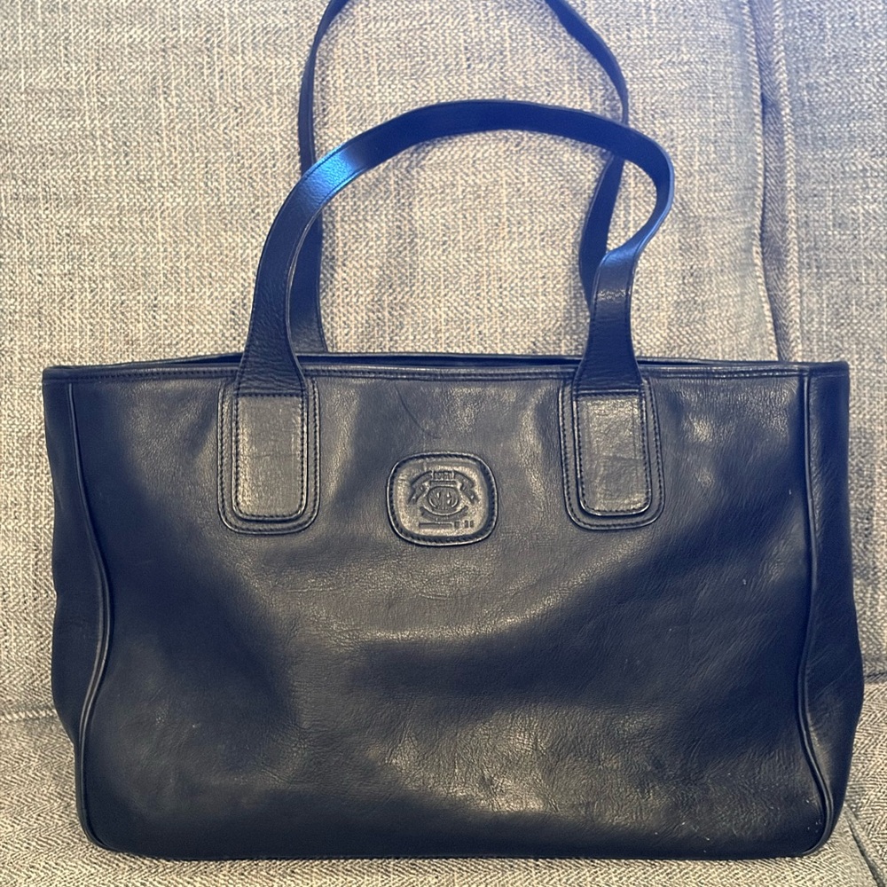 Ghurka Black Leather 15” Tote Bag. Style GB640D. Derby check inside.
